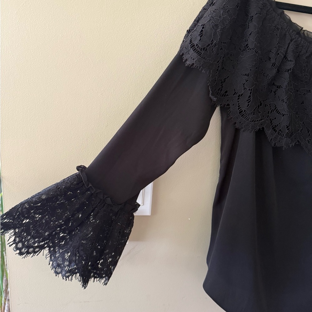 WHBM Black Off-Shoulder Top with Wide Black Lace - Picture 11 of 13